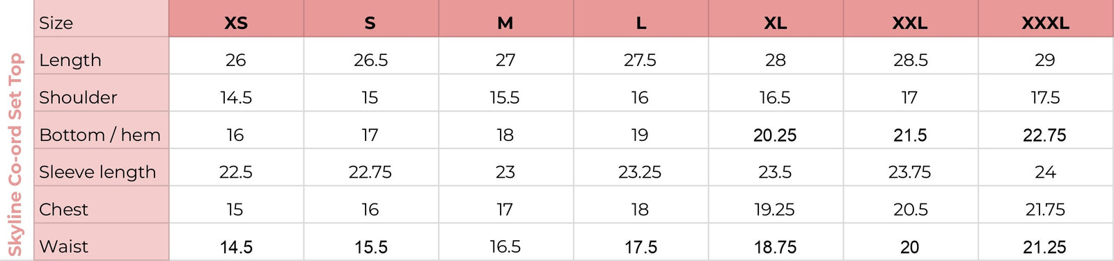 Top size chart for Skyline Co-ord Set