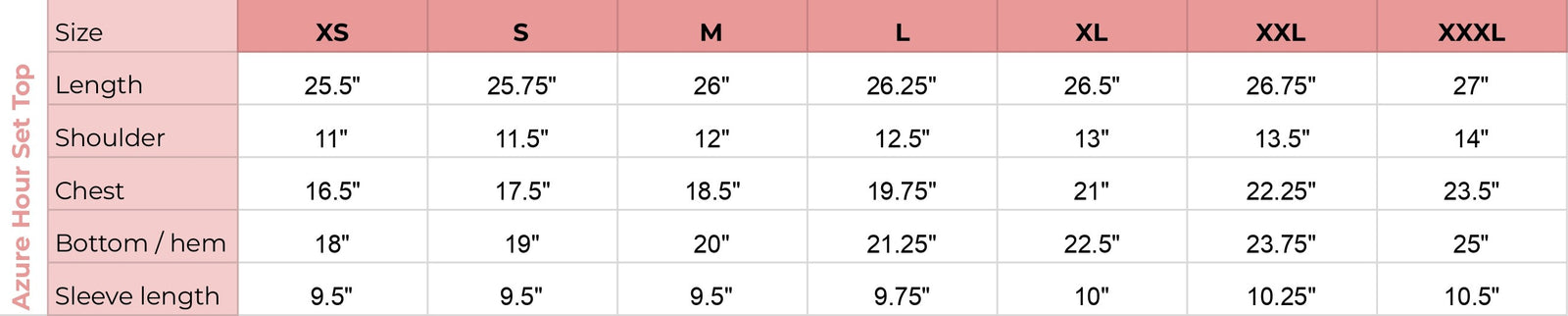 Top size chart for Azure Hour Set