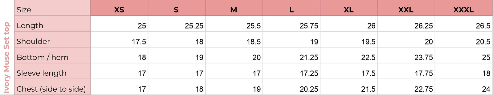 Top size chart for Ivory Muse Set