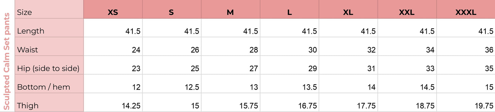 Bottom size chart for Sculpted Calm Set