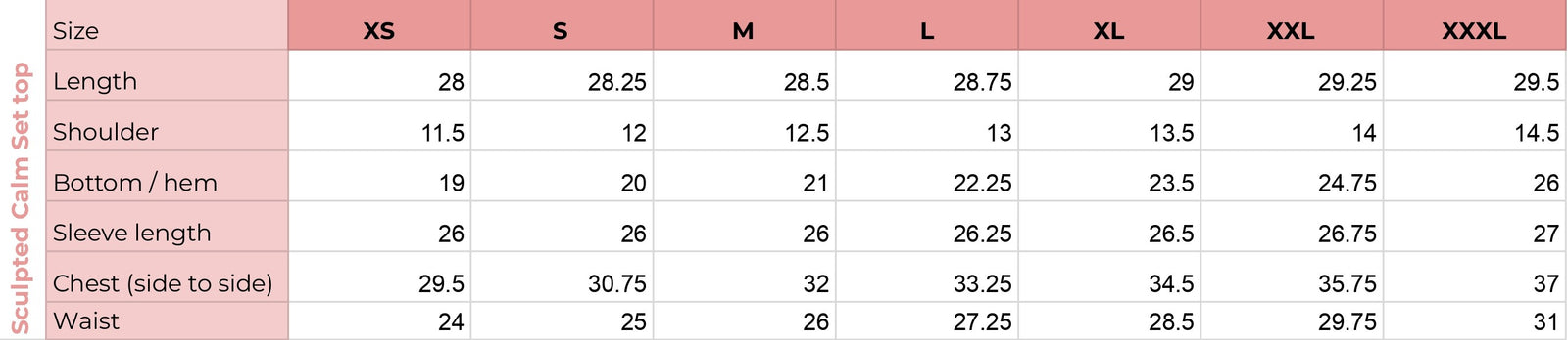 Top size chart for Sculpted Calm Set