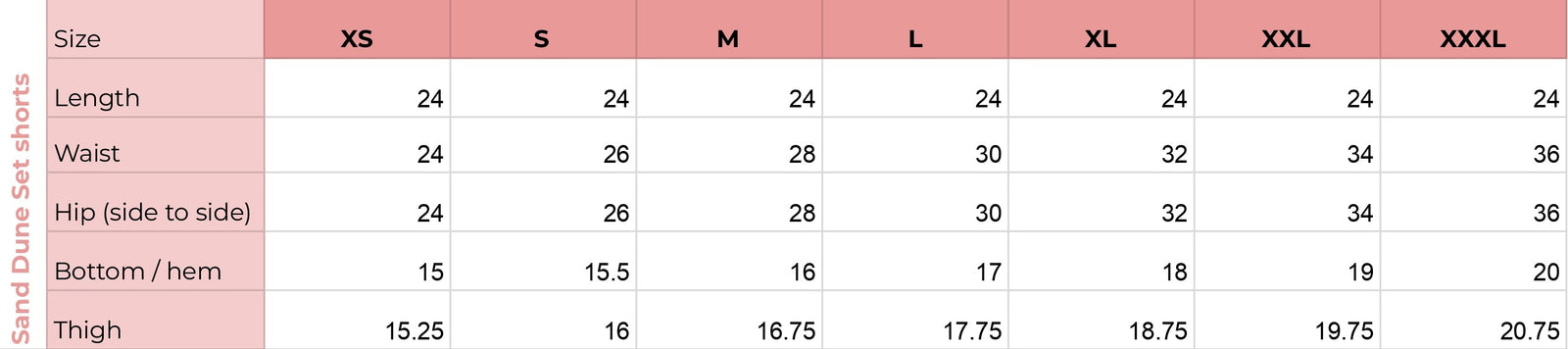 Bottom size chart for Sand Dune Set