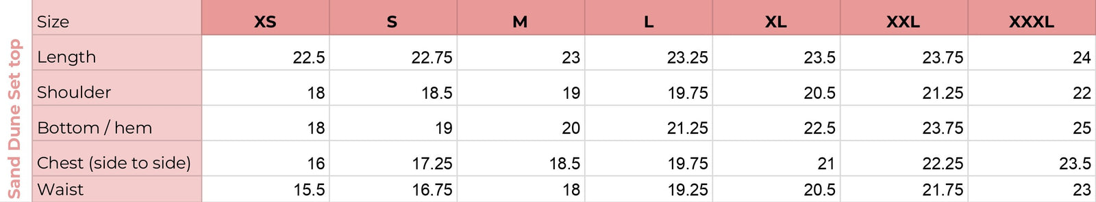 Top size chart for Sand Dune Set