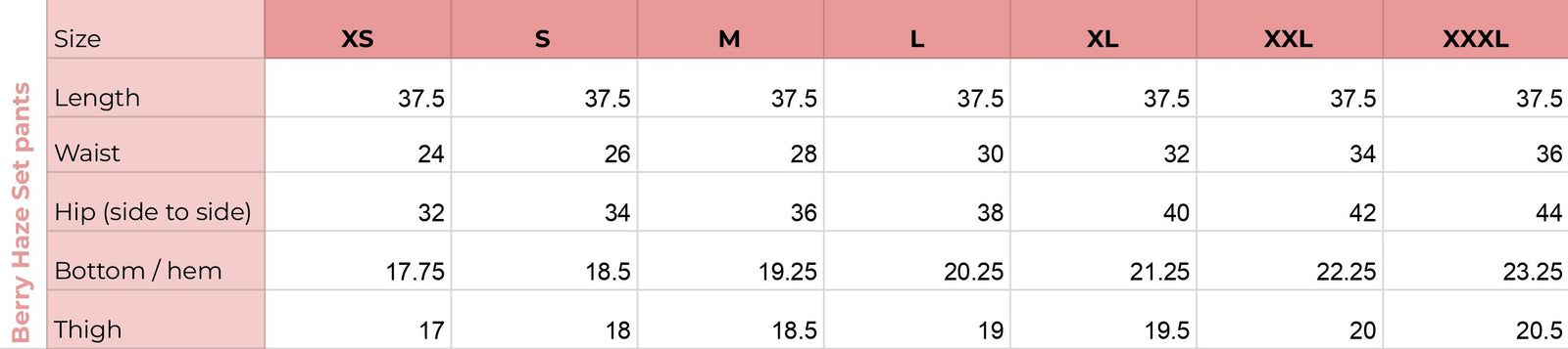 Bottom size chart for Berry Haze Set
