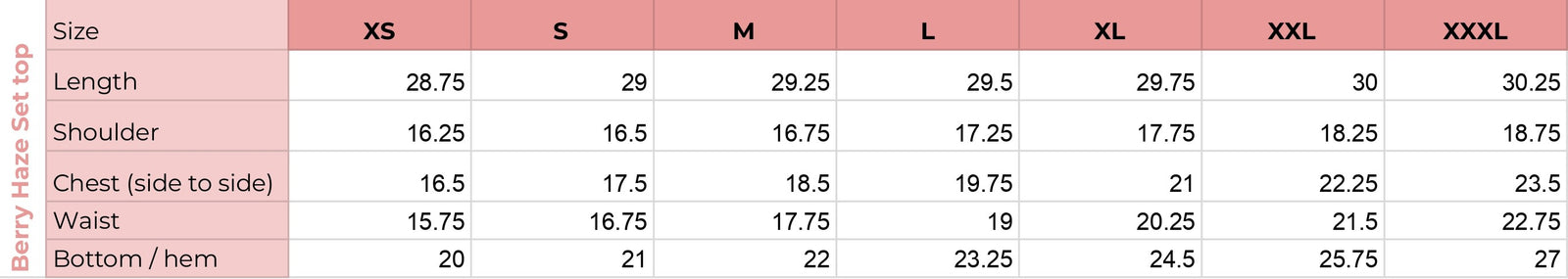 Top size chart for Berry Haze Set