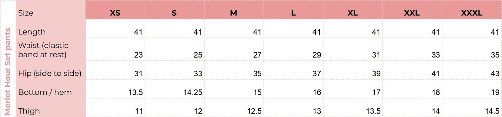 Bottom size chart for Merlot Hour Set
