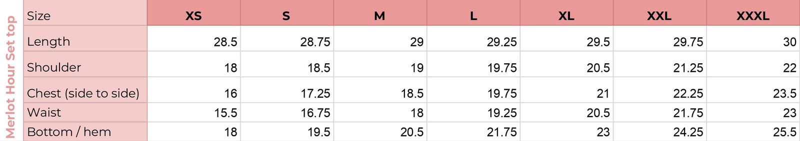 Top size chart for Merlot Hour Set