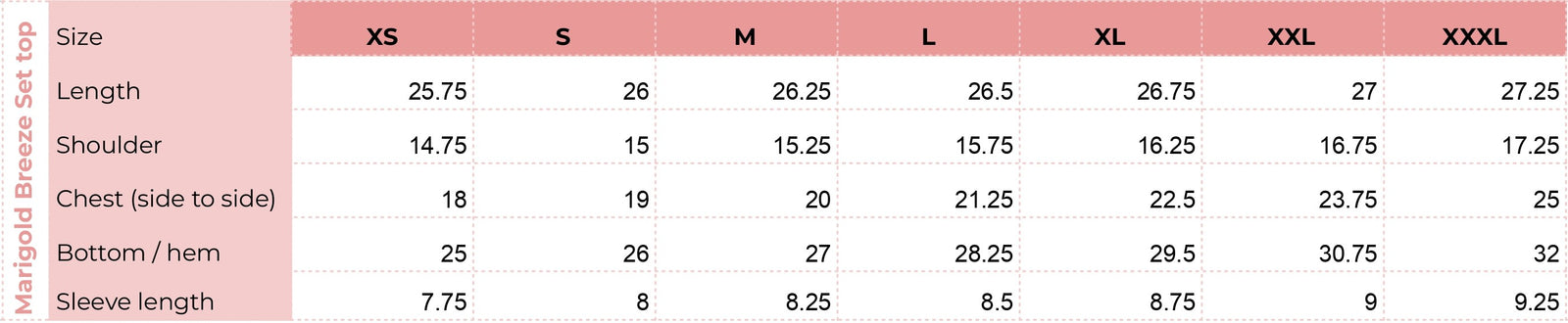 Top size chart for Marigold Breeze Set