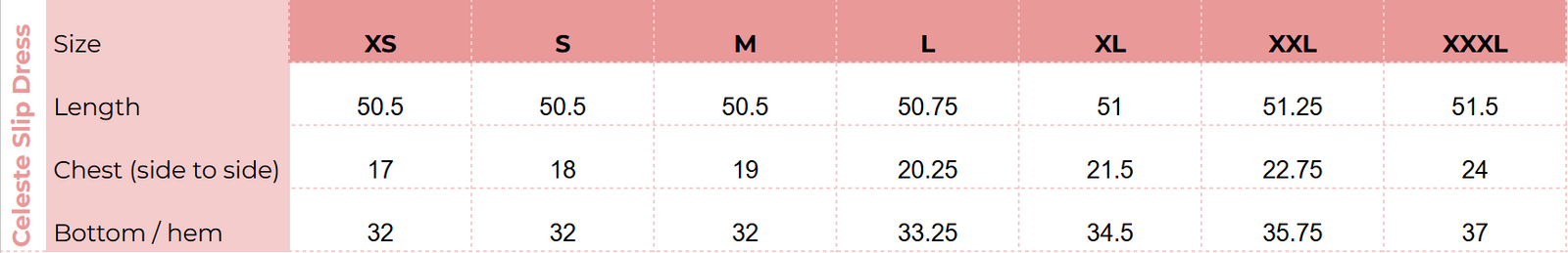 Size chart for Celeste Slip Dress - Gemstone Blue