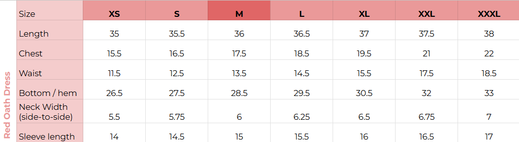 Size chart for Red Oath Dress
