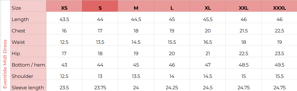 Size chart for Eventide Midi Dress