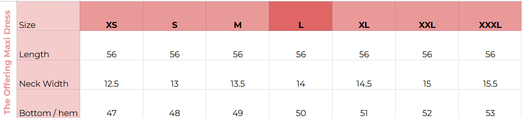Size chart for The Offering Maxi Dress