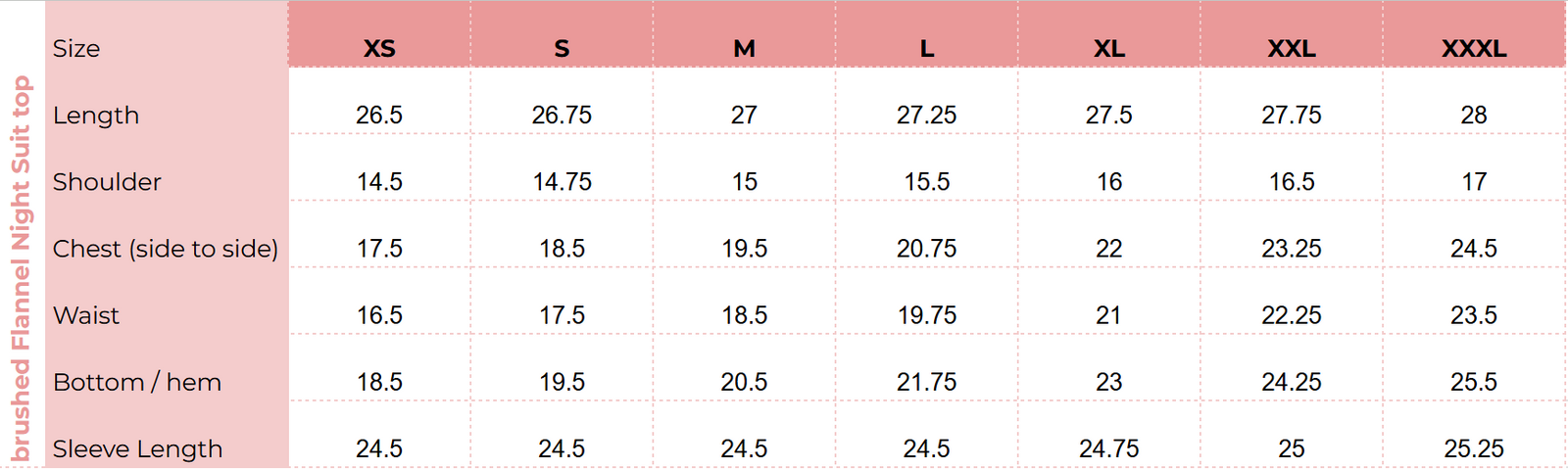 Top size chart for Feather Soft Blue Windowpane Flannel Night Suit