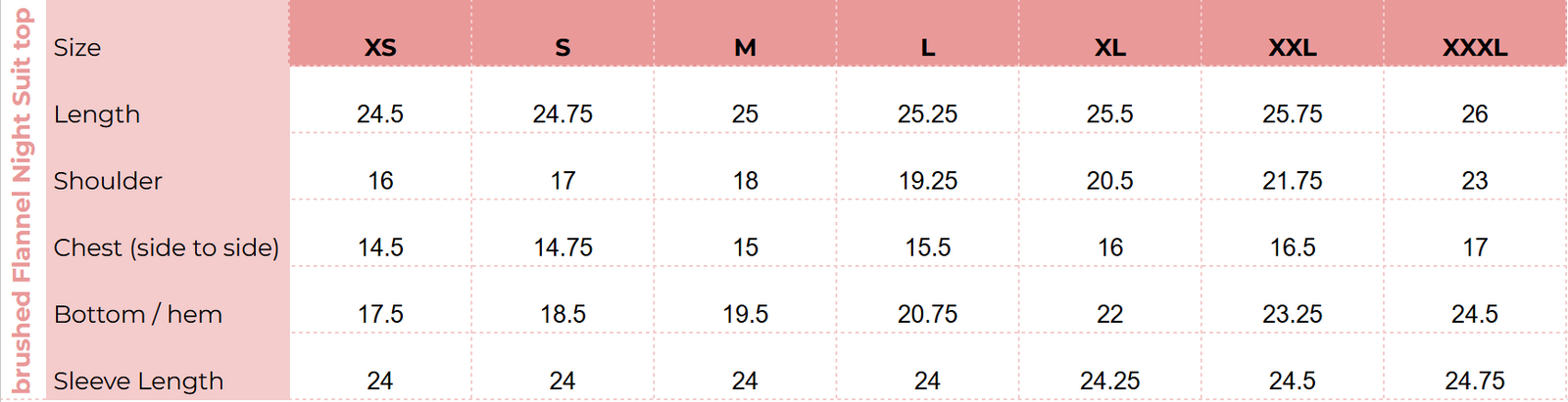 Top size chart for Teal & Crimson Check Flannel Night Suit