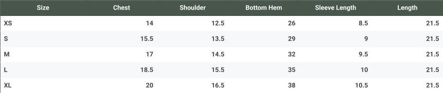 Size chart for Forbidden Sheer Shirt