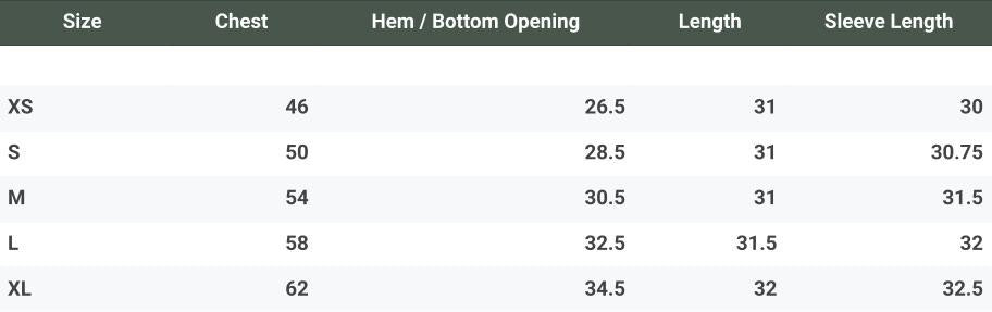 Size chart for The Exile Convertible Jacket