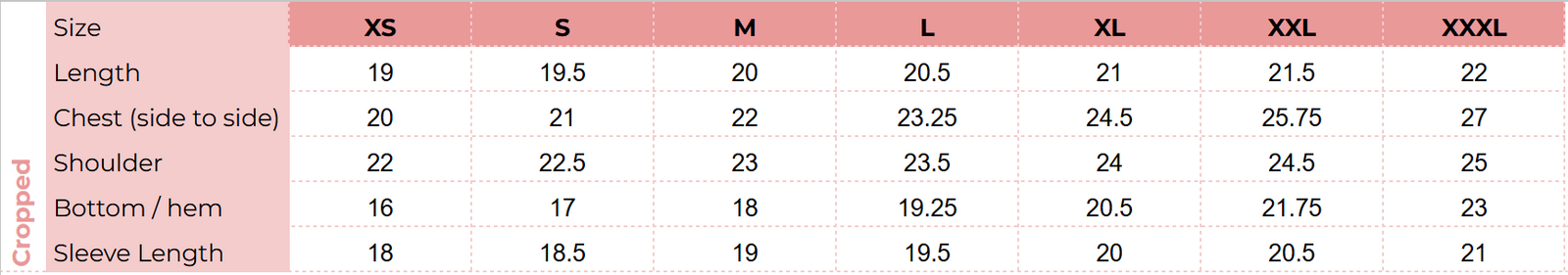 Size chart for Beautiful Chaos Cropped Zip Hoodie