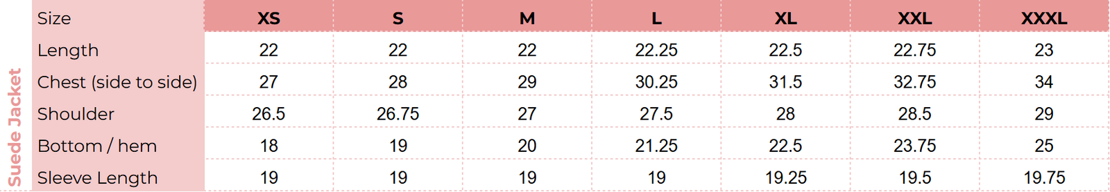 Size chart for Earthbound Suede Jacket