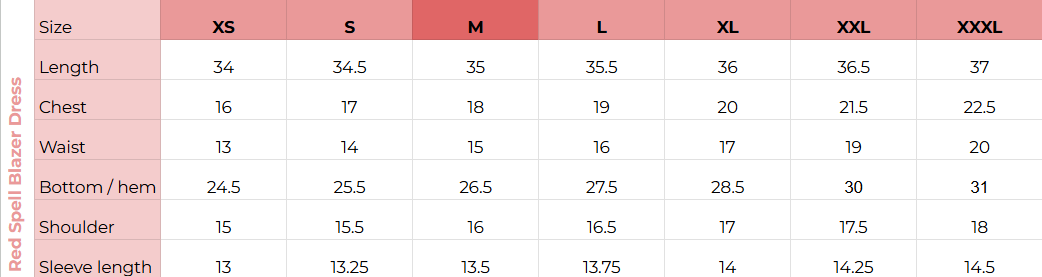 Size chart for Red Spell Blazer Dress