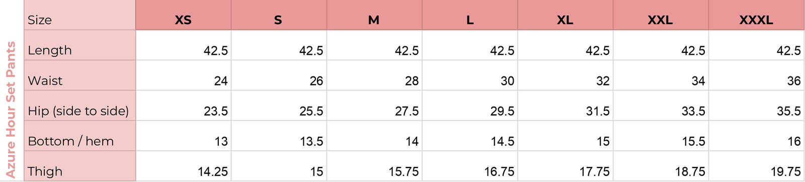 Size chart for Azure Hour Soft Drape Trousers