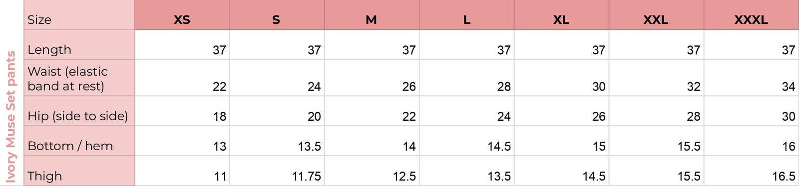Size chart for Ivory Muse Flow Fit Bell Bottom Trousers