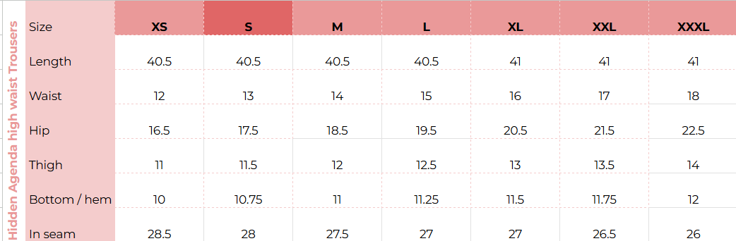 Size chart for Hidden Agenda High-Waist Trousers
