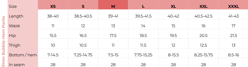 Size chart for Siren Bubble-Hem Pants