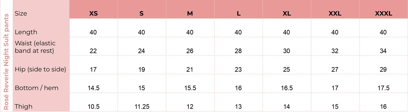 Size chart for Rosé Reverie Tiered Lounge Pants