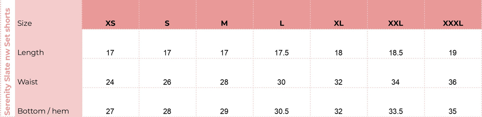 Bottom size chart for Serenity Slate Set