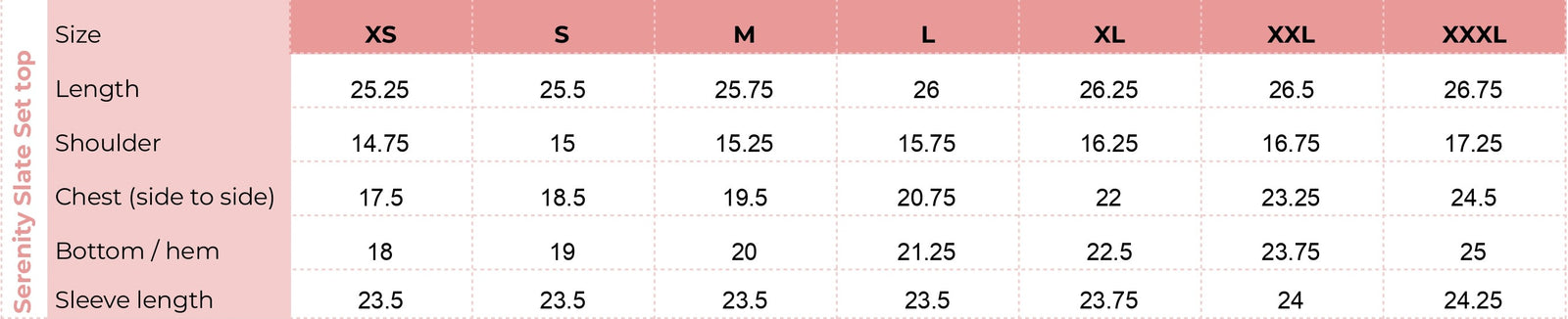 Top size chart for Serenity Slate Set