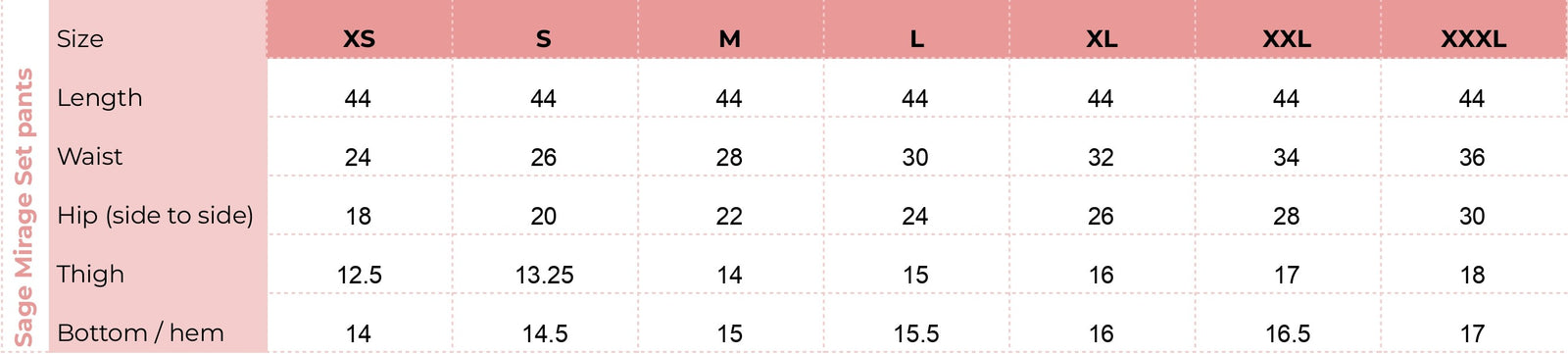 Bottom size chart for Sage Mirage Set