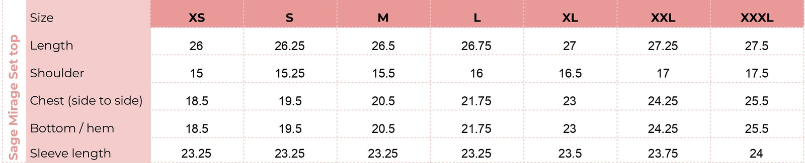 Top size chart for Sage Mirage Set