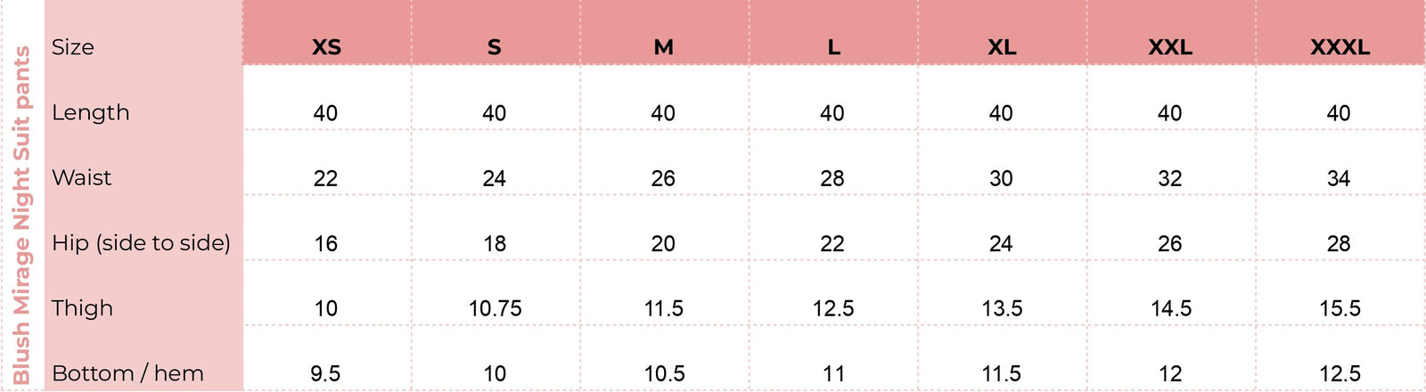 Bottom size chart for Blush Mirage Night Suit