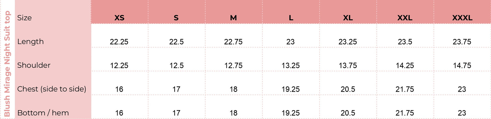 Top size chart for Blush Mirage Night Suit