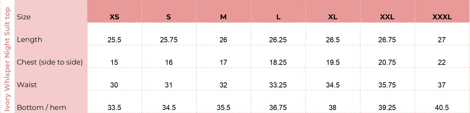 Top size chart for Ivory Whisper Night Suit
