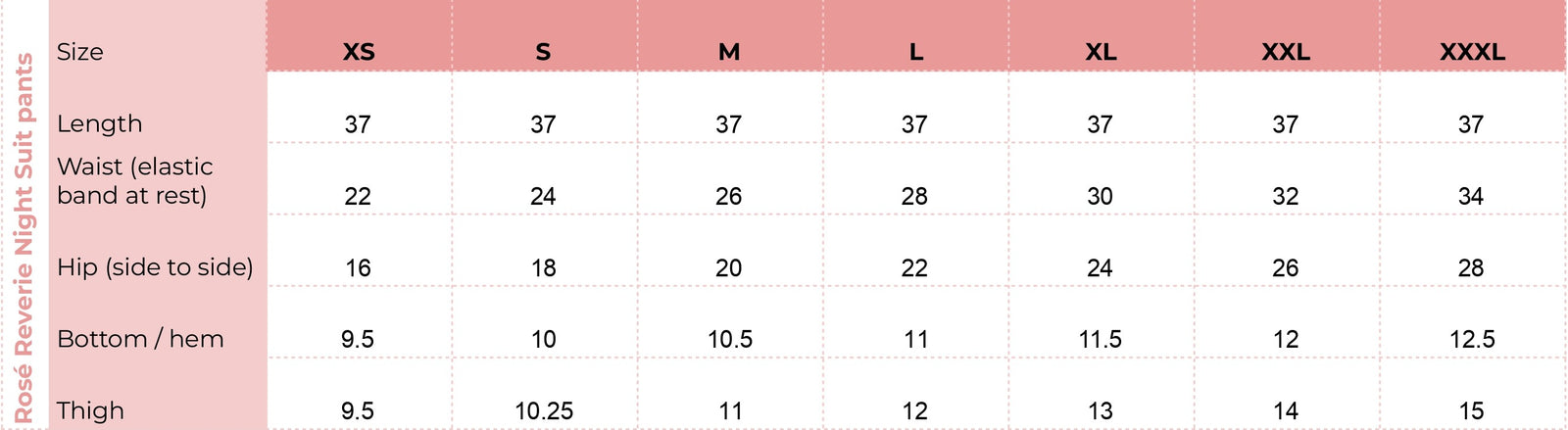 Bottom size chart for Rosé Reverie Night Suit