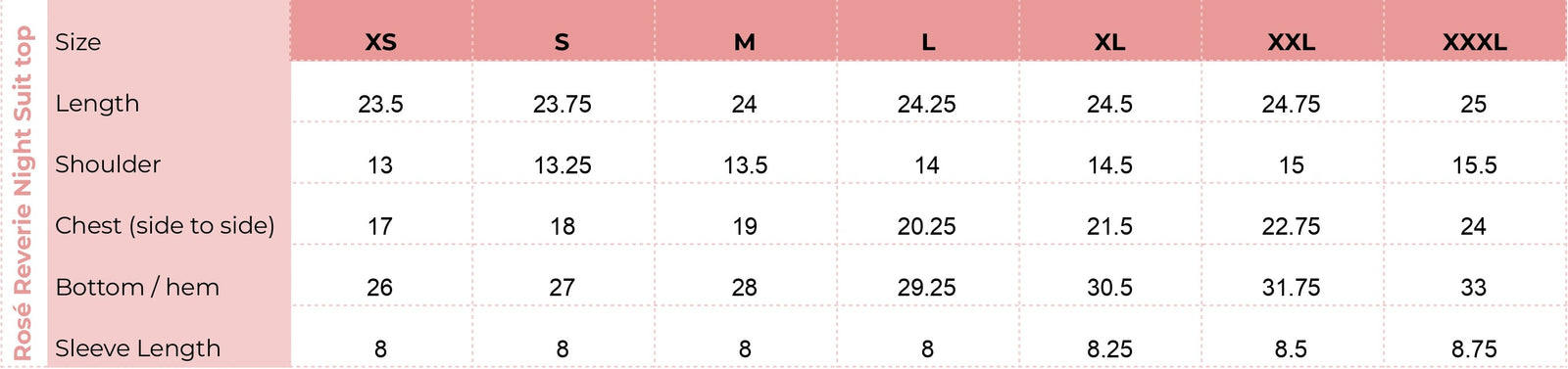 Top size chart for Rosé Reverie Night Suit