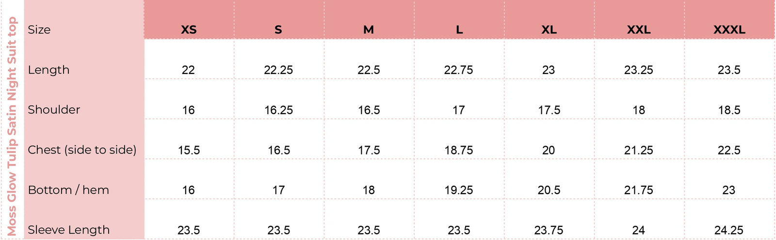 Top size chart for Moss Glow Tulip Satin Pyjama Night Suit