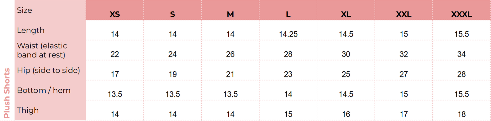 Size chart for Petal Plush Shorts - Lilac