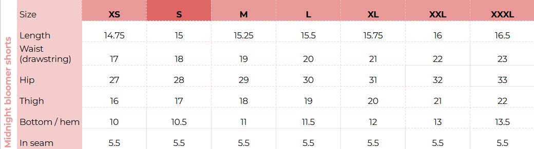 Size chart for Midnight Bloomer Shorts