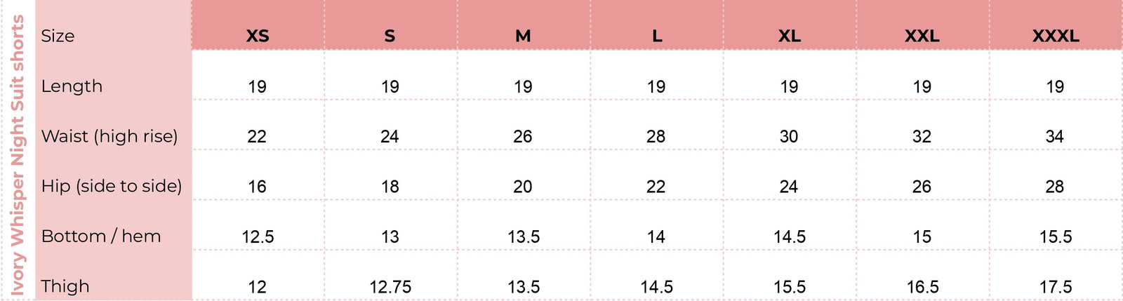 Size chart for Ivory Whisper Layered Lounge Shorts