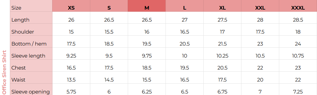 Size chart for Office Siren Shirt