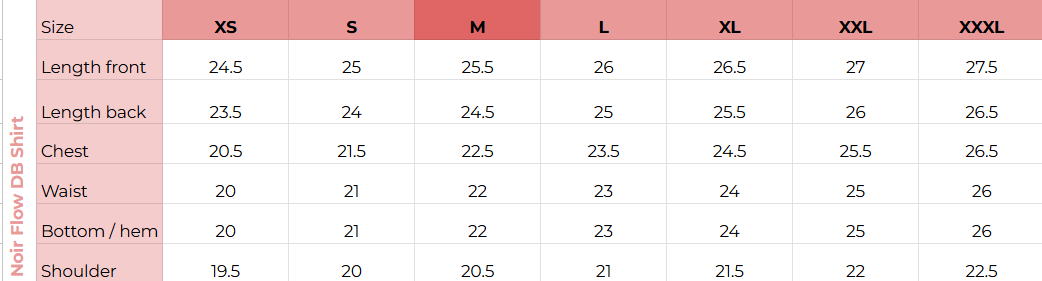 Size chart for Noir Flow DB Shirt