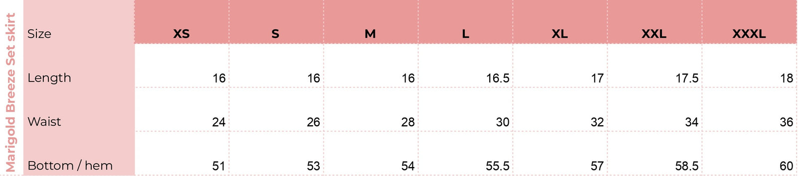 Size chart for Marigold Breeze Pleated Mini Skirt