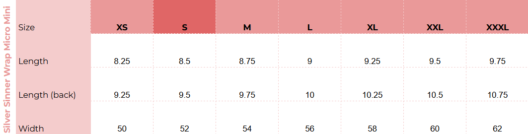 Size chart for Silver Sinner Wrap Micro Mini