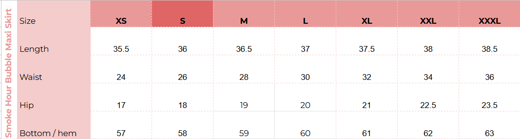 Size chart for Smoke Hour Bubble Maxi Skirt