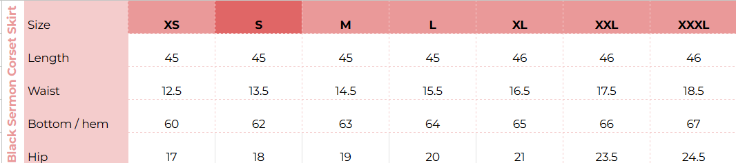 Size chart for Black Sermon Corset Skirt