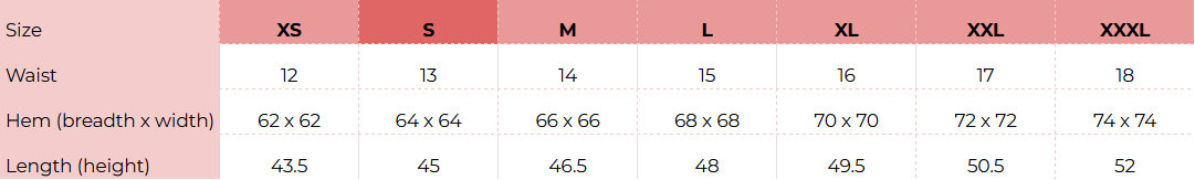 Size chart for The Binding Maxi Skirt