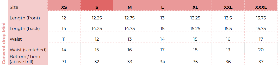 Size chart for Convent Drop Mini Skirt