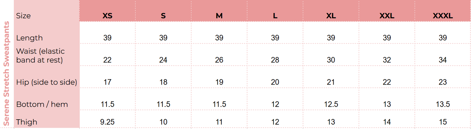 Size chart for Serene Stretch Sweatpants